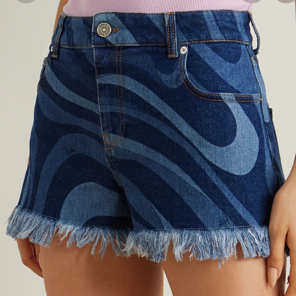Emilio Pucci Blue Wave-Print Frayed Denim Shorts